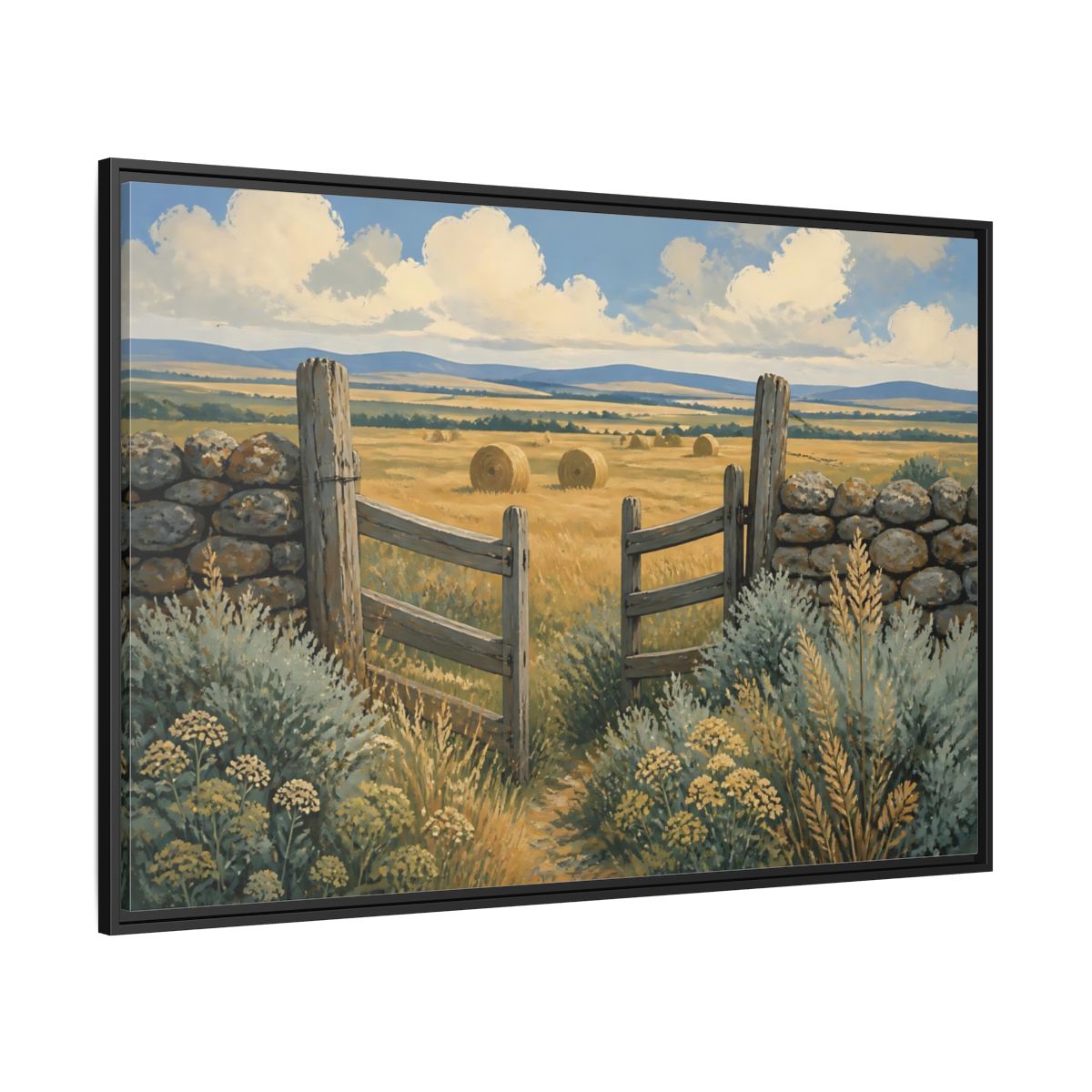 Side Mockup 12. Open Gate To Hayfield shown as framed canvas print