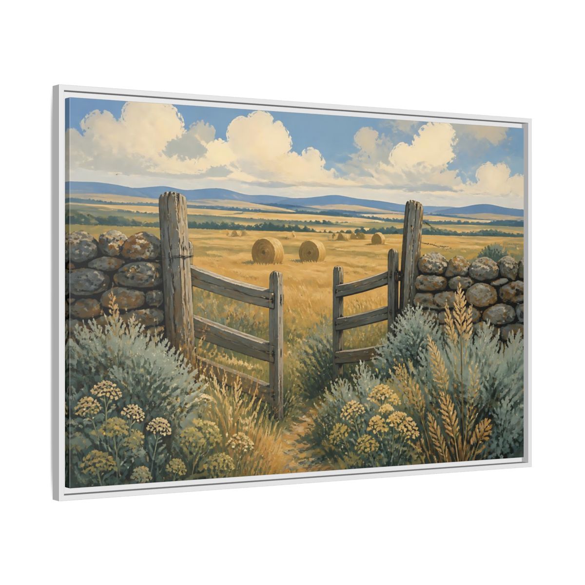 Side Mockup 7. Open Gate To Hayfield shown as framed canvas print
