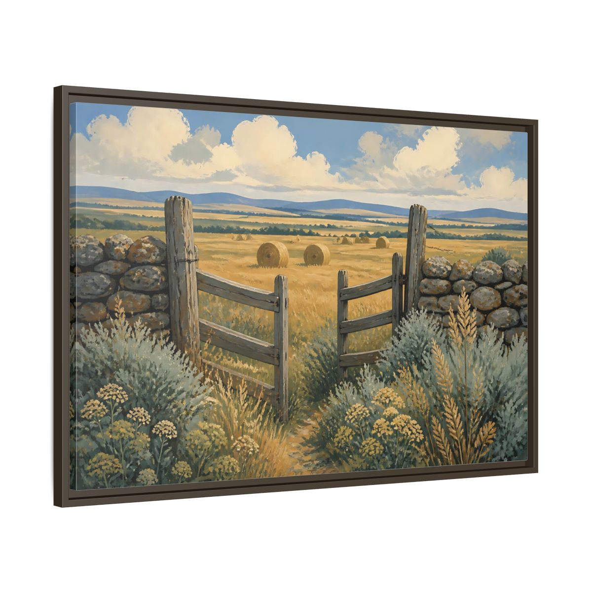 Main Mockup. Open Gate To Hayfield shown as framed canvas print