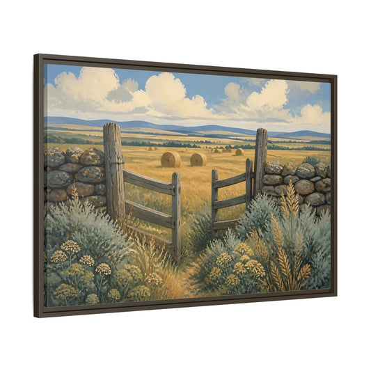 Main Mockup. Open Gate To Hayfield shown as framed canvas print