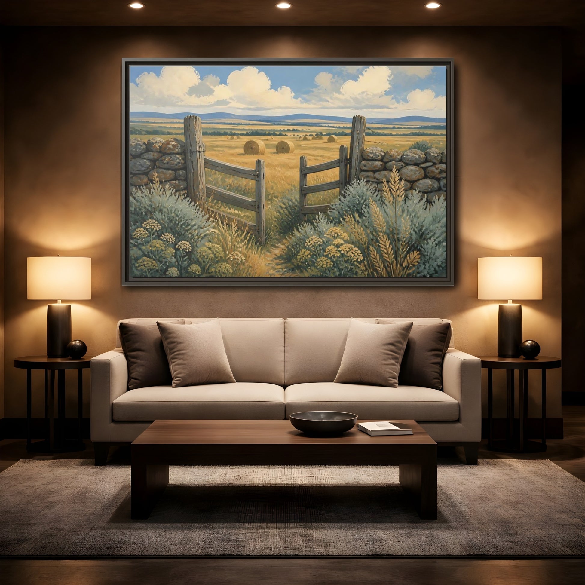 Mockup 2. Open Gate To Hayfield shown as framed canvas print