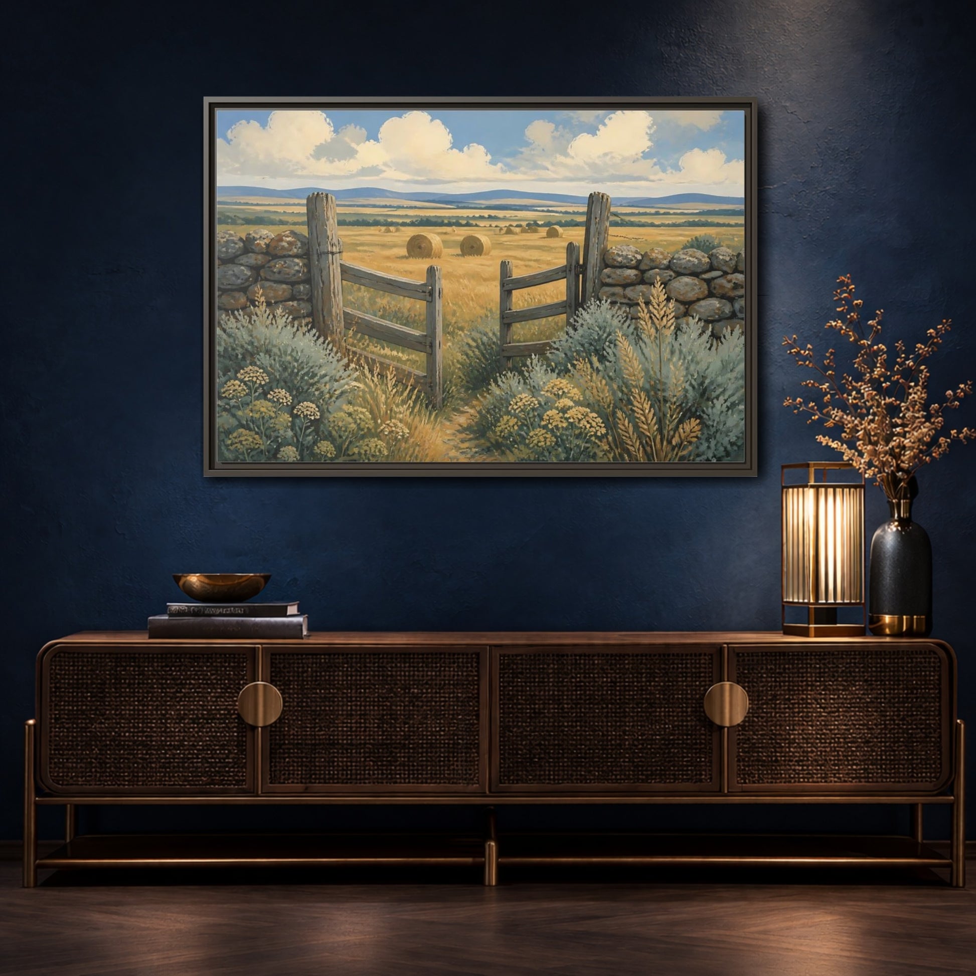 Mockup 4. Open Gate To Hayfield shown as framed canvas print