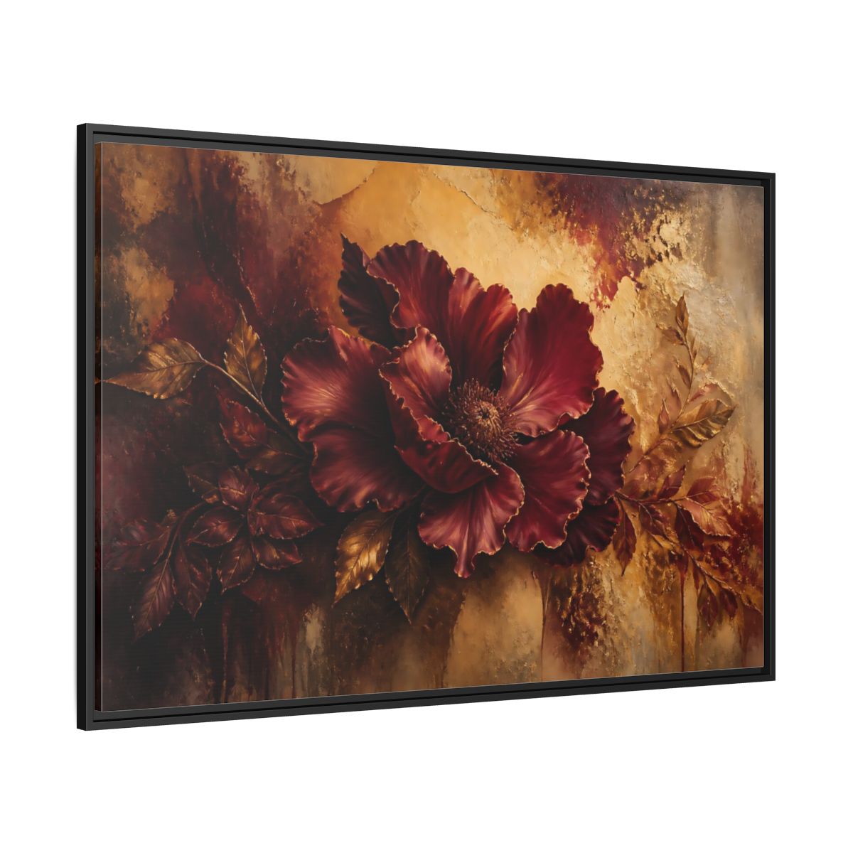 Side Mockup 12. Opulent Burgundy Bloom shown as framed canvas print