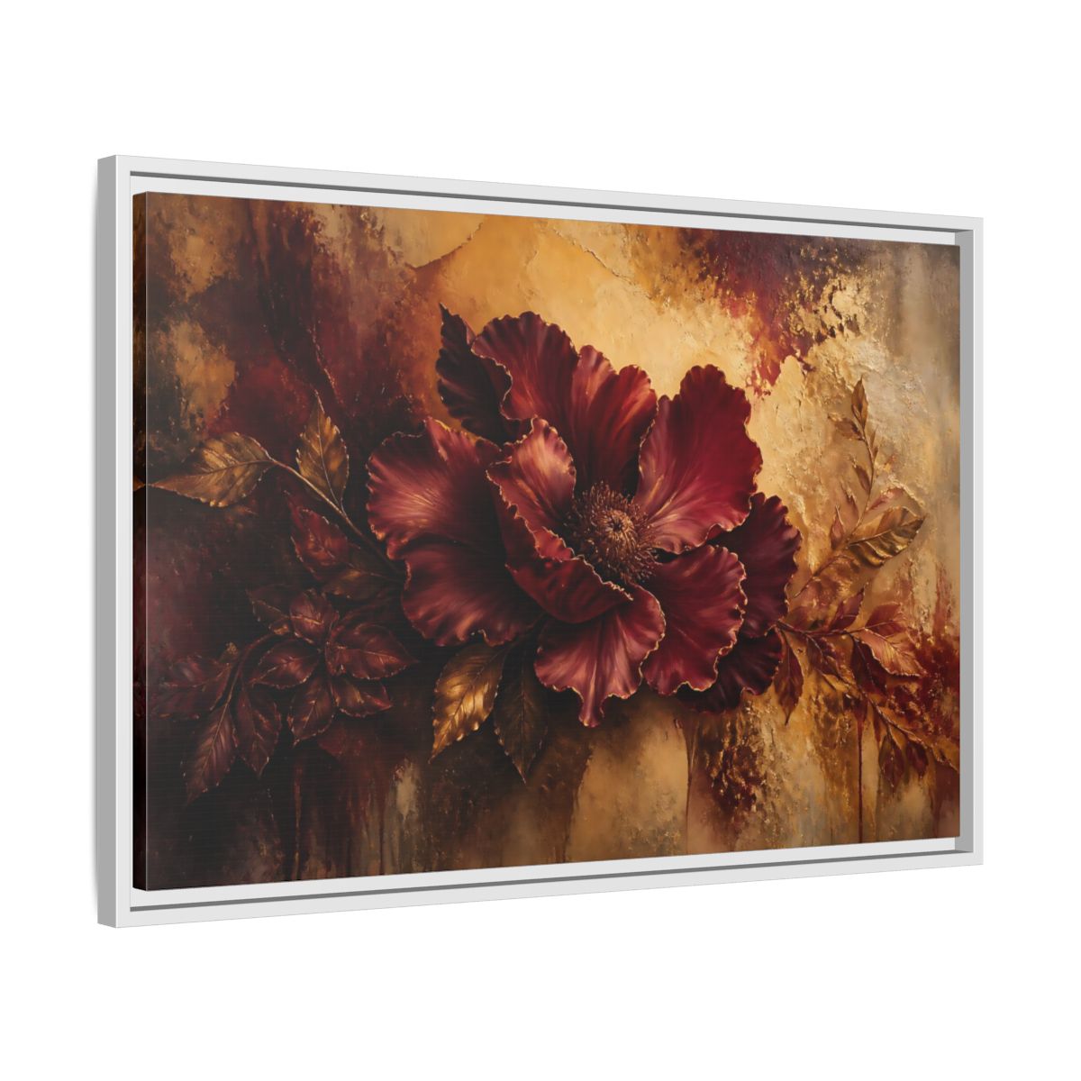 Side Mockup 10. Opulent Burgundy Bloom shown as framed canvas print