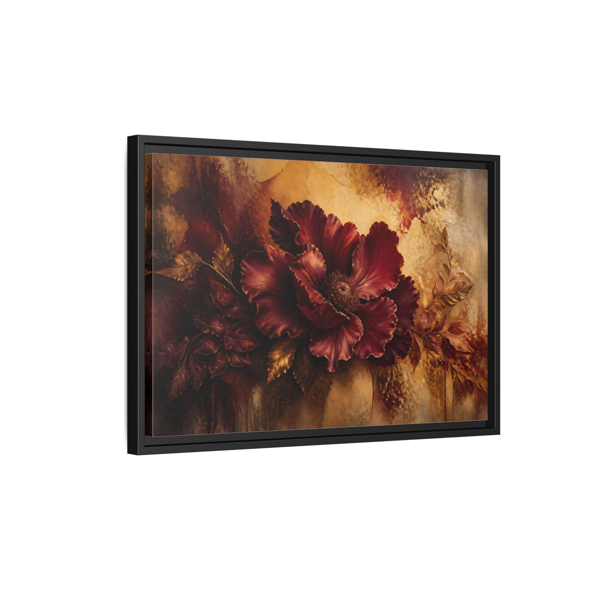 Side Mockup 3. Opulent Burgundy Bloom shown as framed canvas print