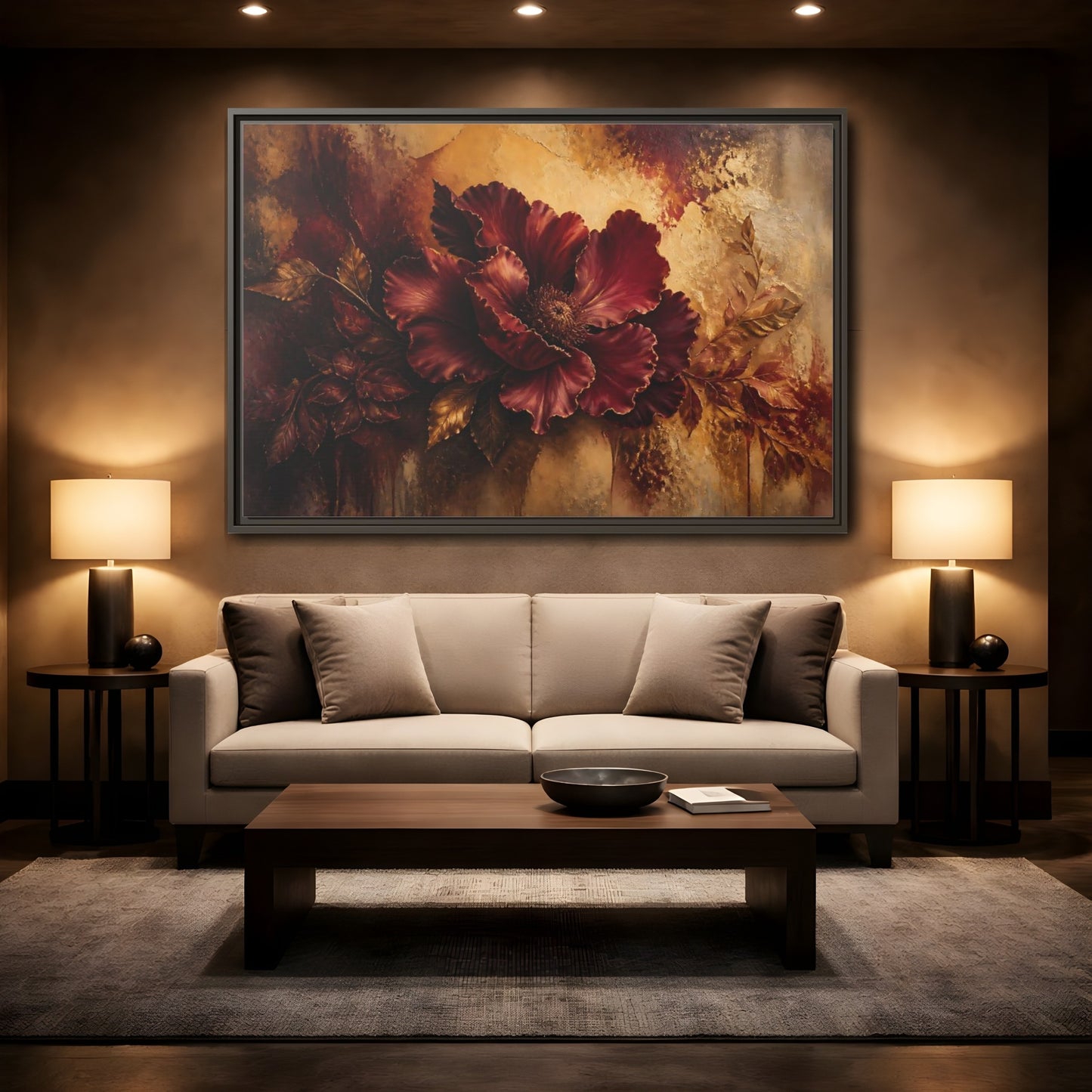Mockup 2. Opulent Burgundy Bloom shown as framed canvas print