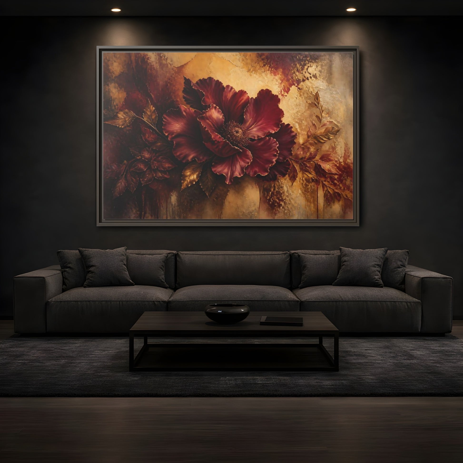 Mockup 3. Opulent Burgundy Bloom shown as framed canvas print