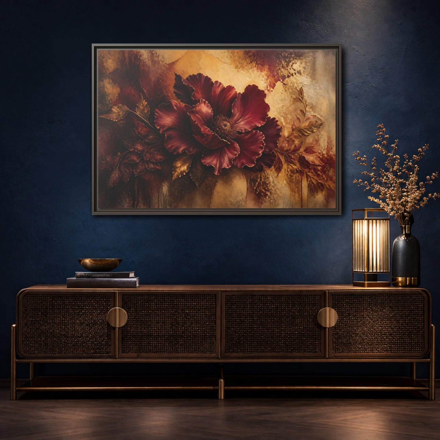 Mockup 4. Opulent Burgundy Bloom shown as framed canvas print