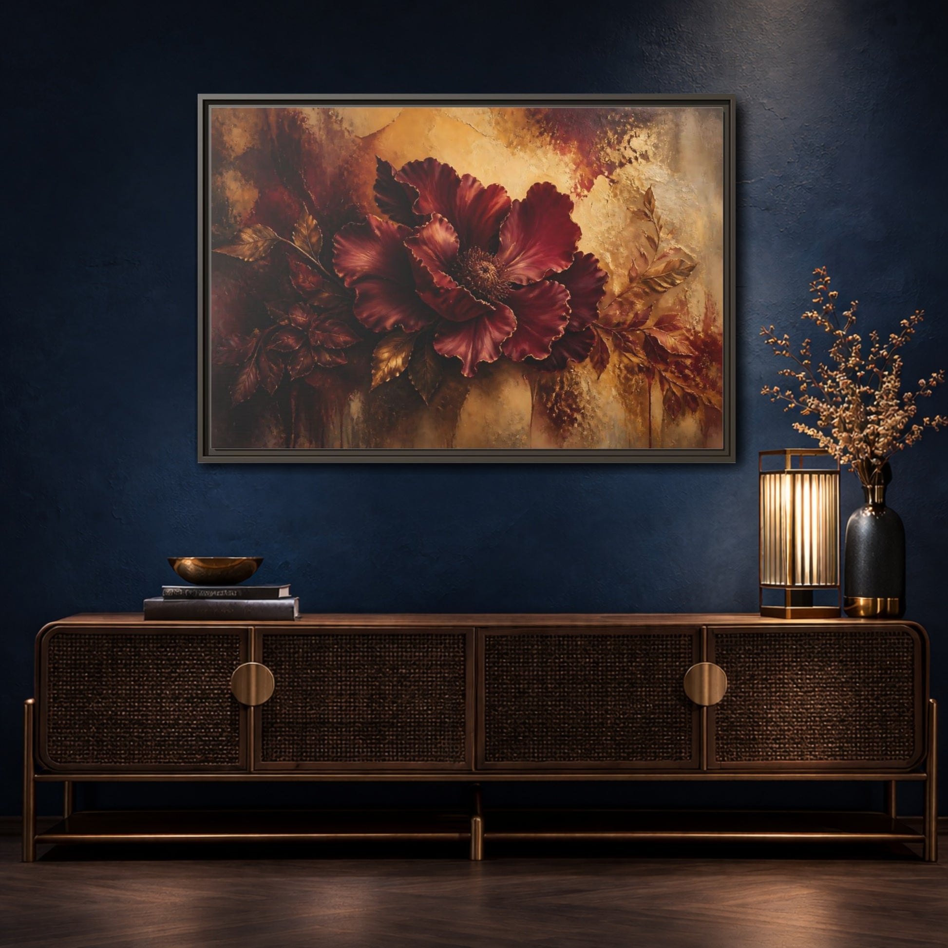 Mockup 4. Opulent Burgundy Bloom shown as framed canvas print