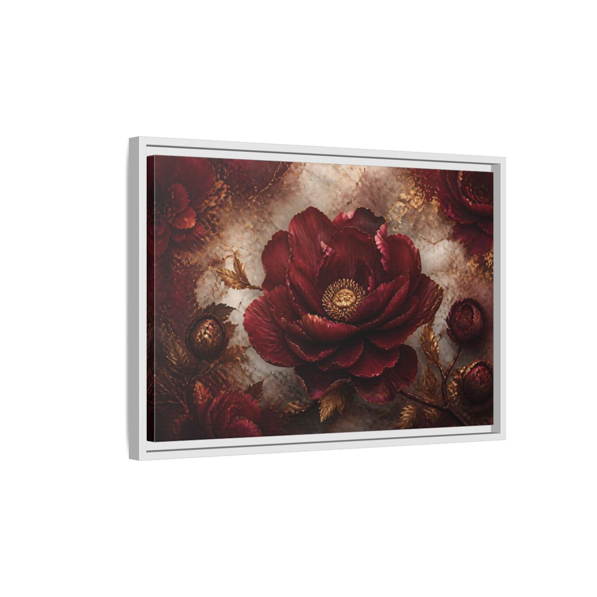 Side Mockup 1. Opulent Burgundy Peony shown as framed canvas print
