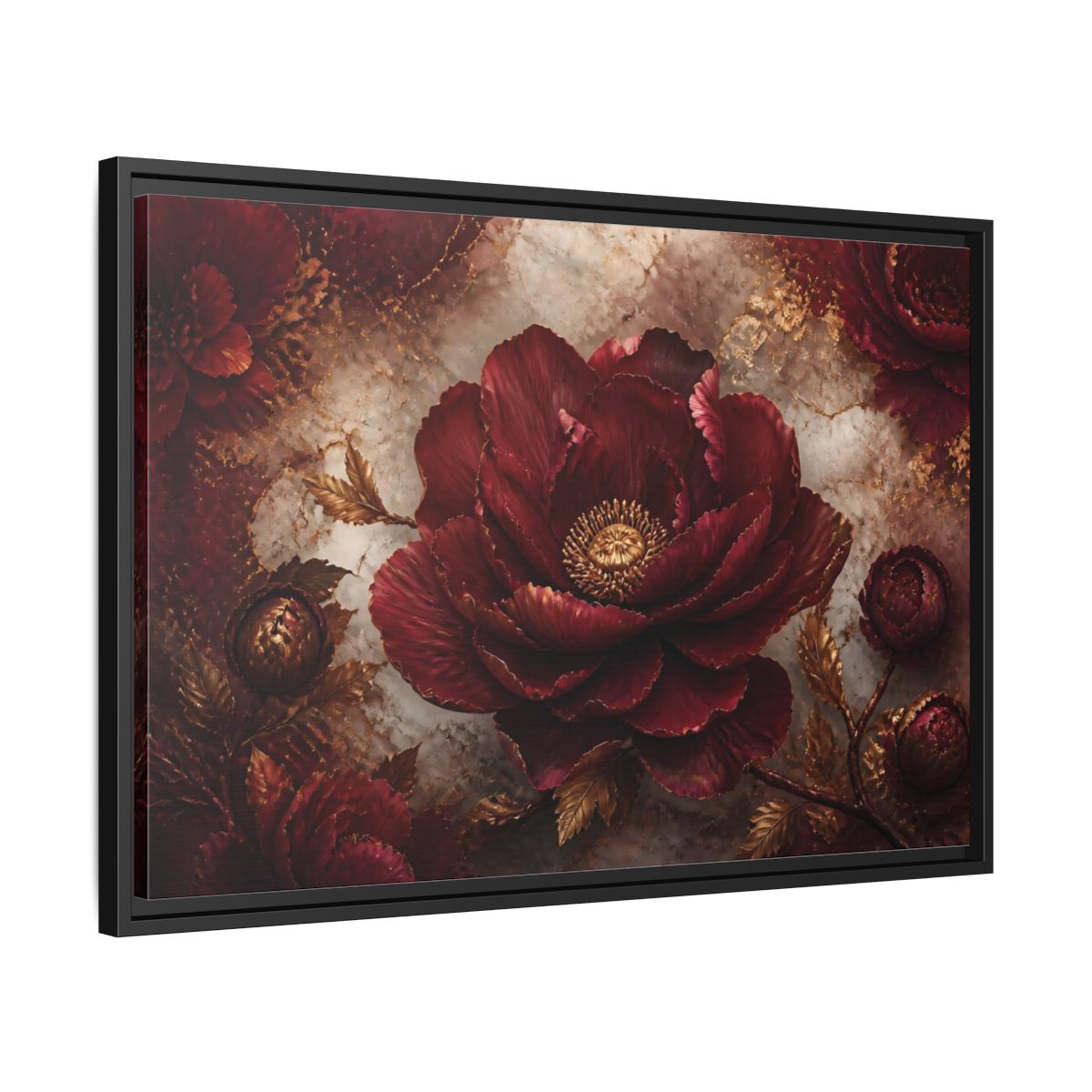 Side Mockup 14. Opulent Burgundy Peony shown as framed canvas print