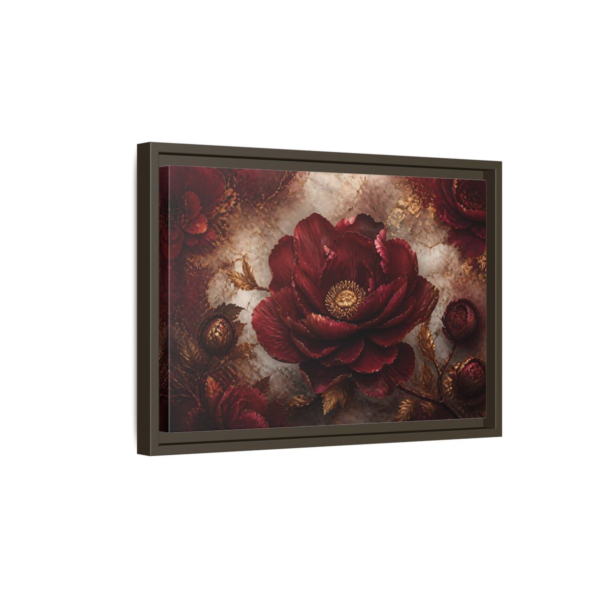 Side Mockup 5. Opulent Burgundy Peony shown as framed canvas print