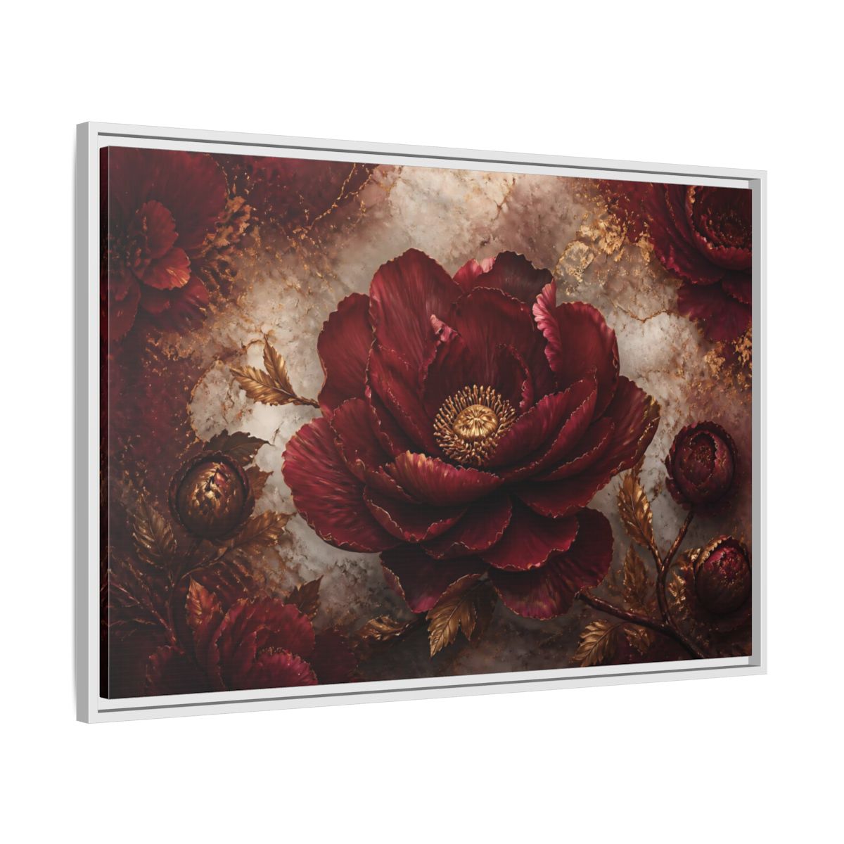 Side Mockup 9. Opulent Burgundy Peony shown as framed canvas print