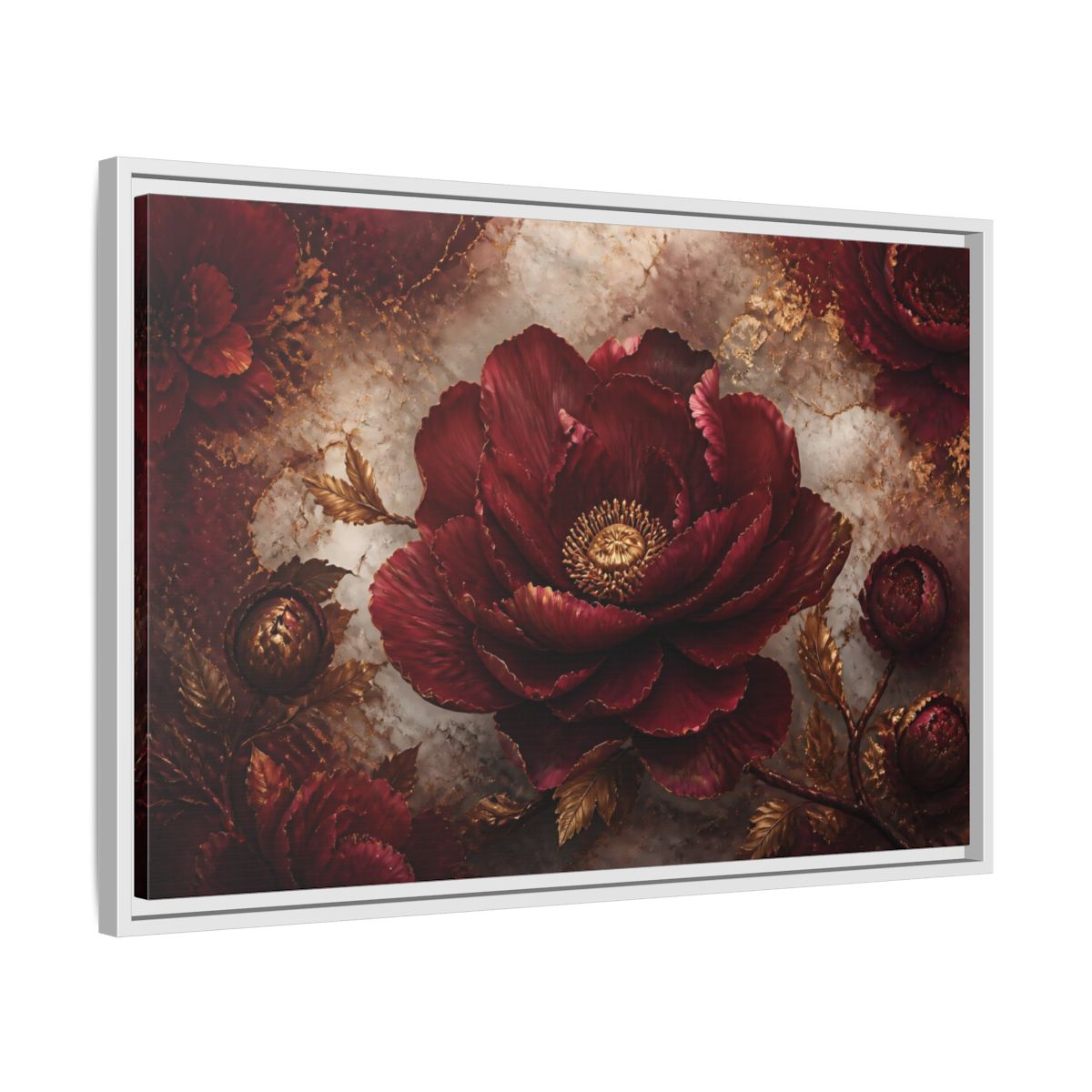 Side Mockup 10. Opulent Burgundy Peony shown as framed canvas print