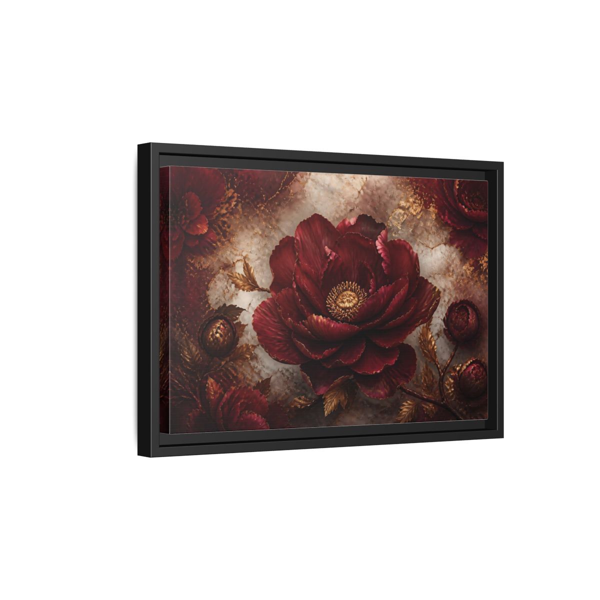 Side Mockup 6. Opulent Burgundy Peony shown as framed canvas print