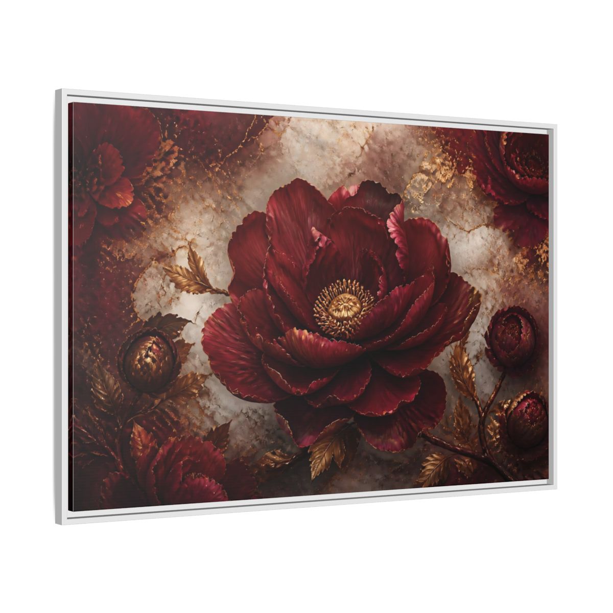 Side Mockup 7. Opulent Burgundy Peony shown as framed canvas print