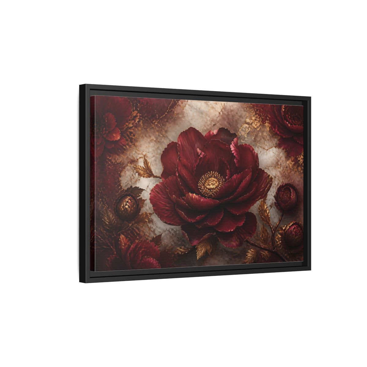 Side Mockup 3. Opulent Burgundy Peony shown as framed canvas print