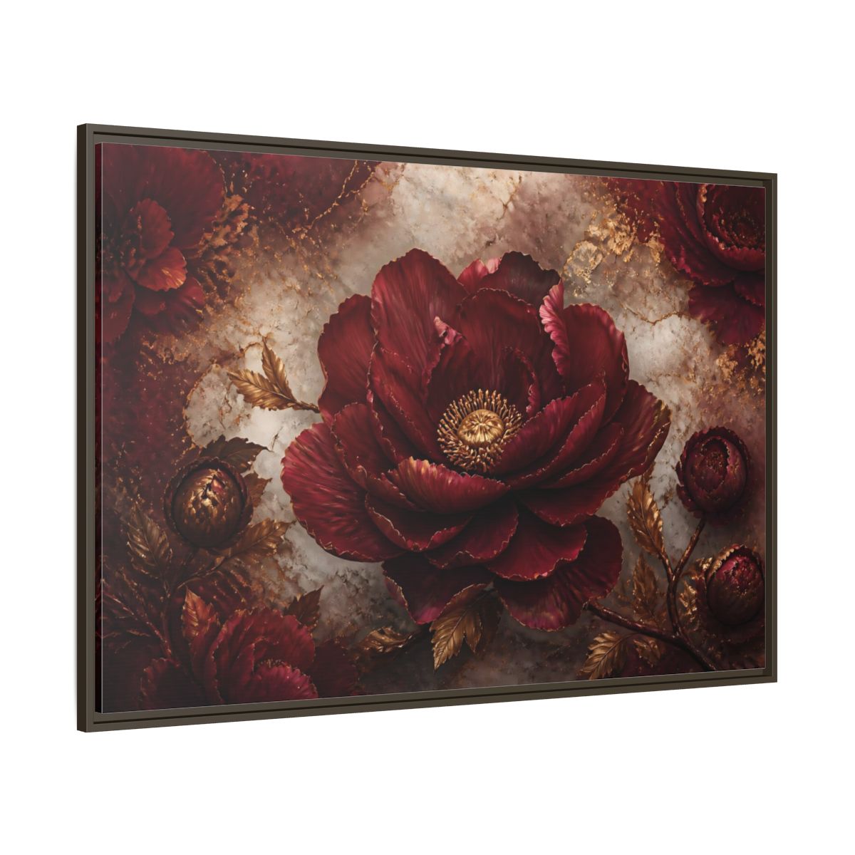 Side Mockup 8. Opulent Burgundy Peony shown as framed canvas print