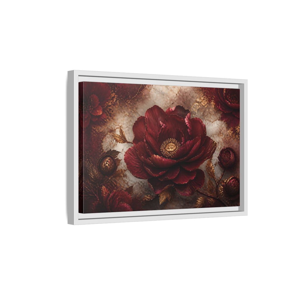 Side Mockup 4. Opulent Burgundy Peony shown as framed canvas print