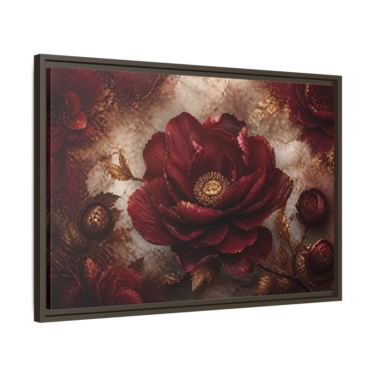 Side Mockup 11. Opulent Burgundy Peony shown as framed canvas print
