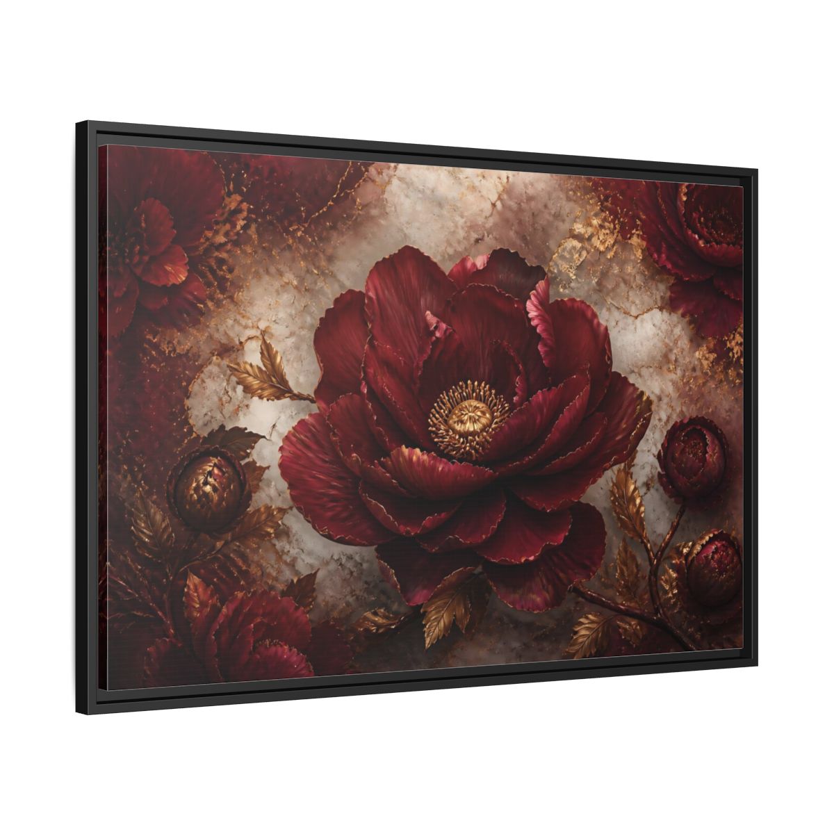 Side Mockup 13. Opulent Burgundy Peony shown as framed canvas print