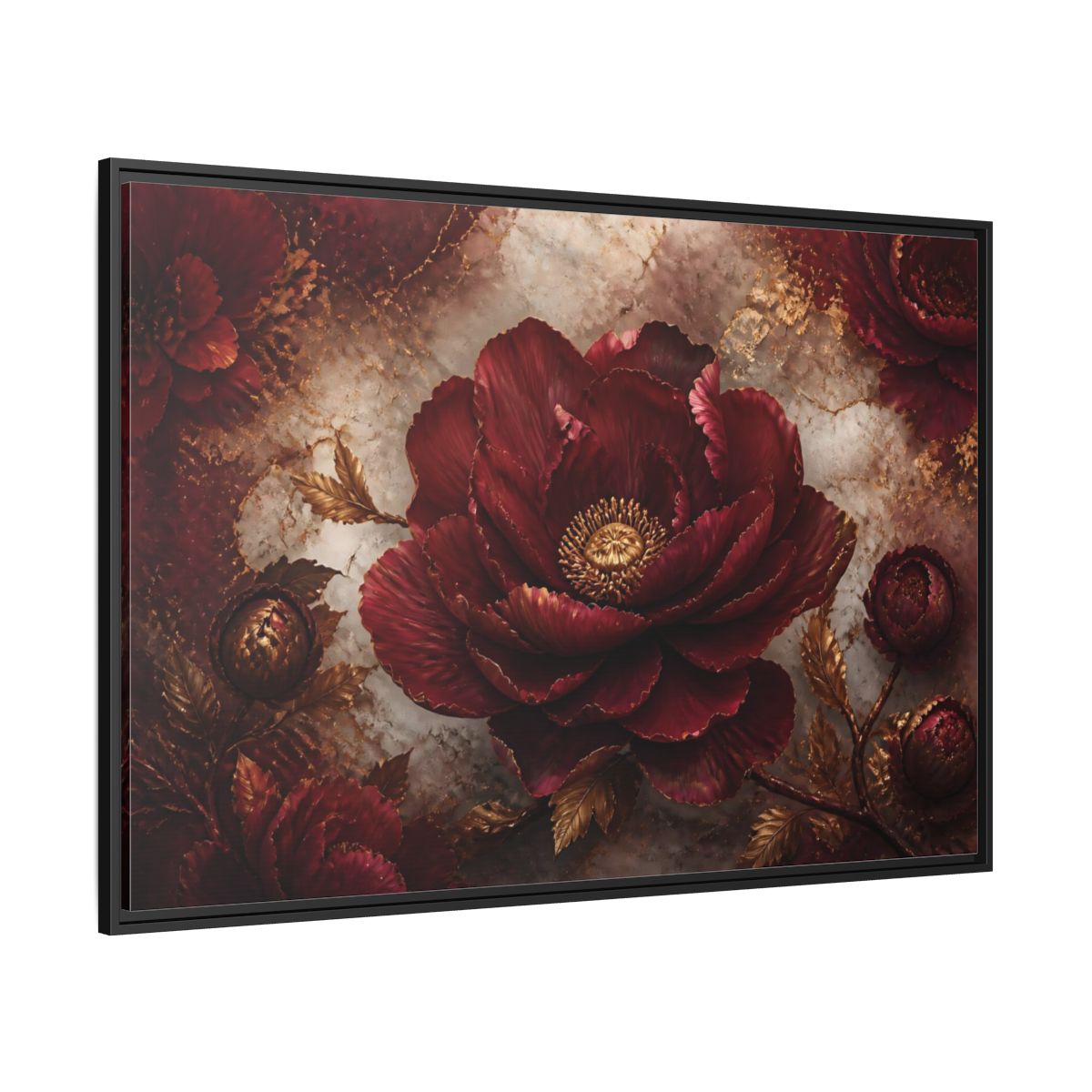 Side Mockup 12. Opulent Burgundy Peony shown as framed canvas print