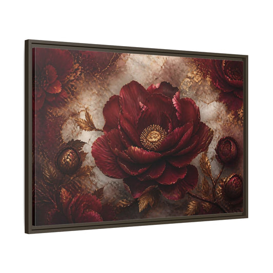 Main Mockup. Opulent Burgundy Peony shown as framed canvas print