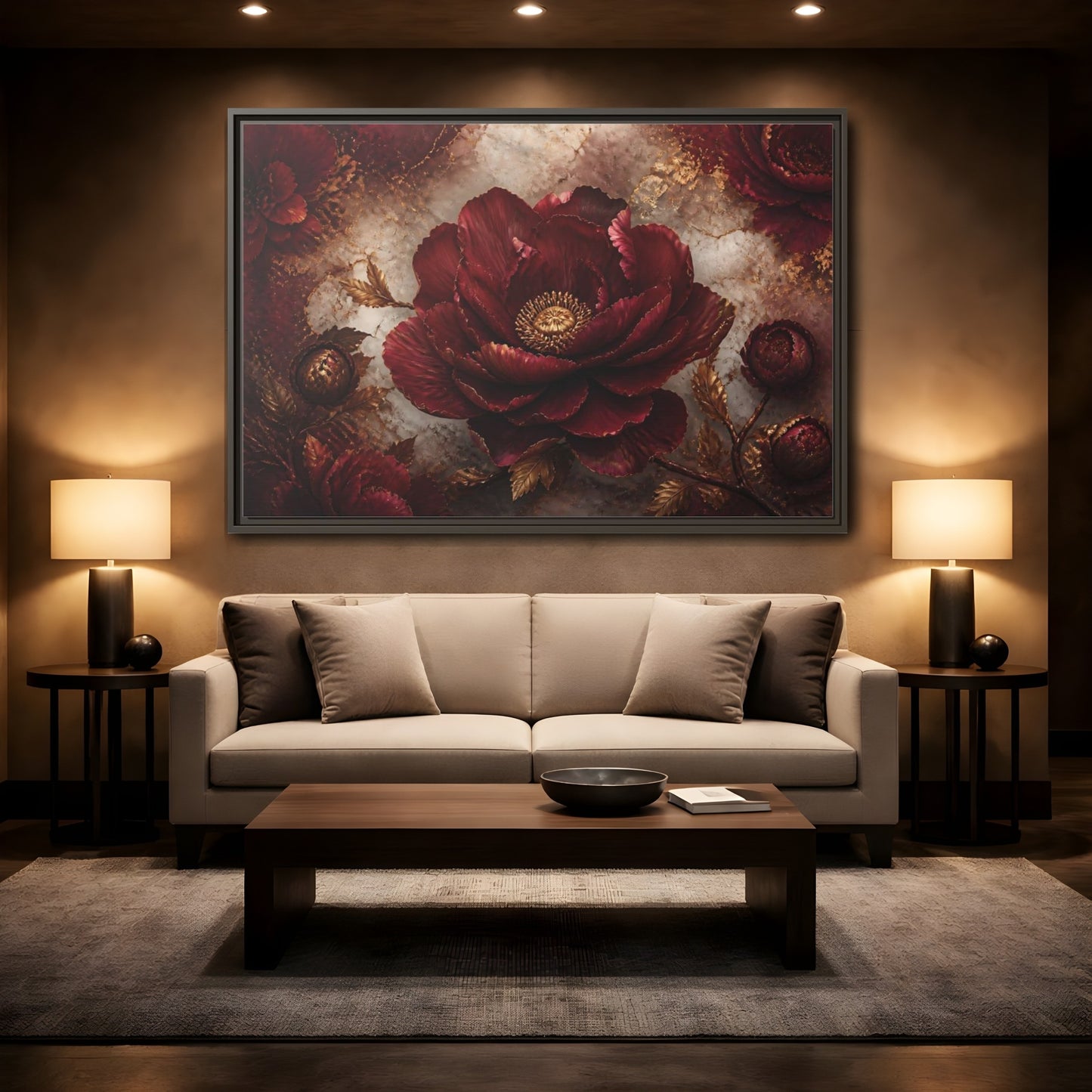 Mockup 2. Opulent Burgundy Peony shown as framed canvas print