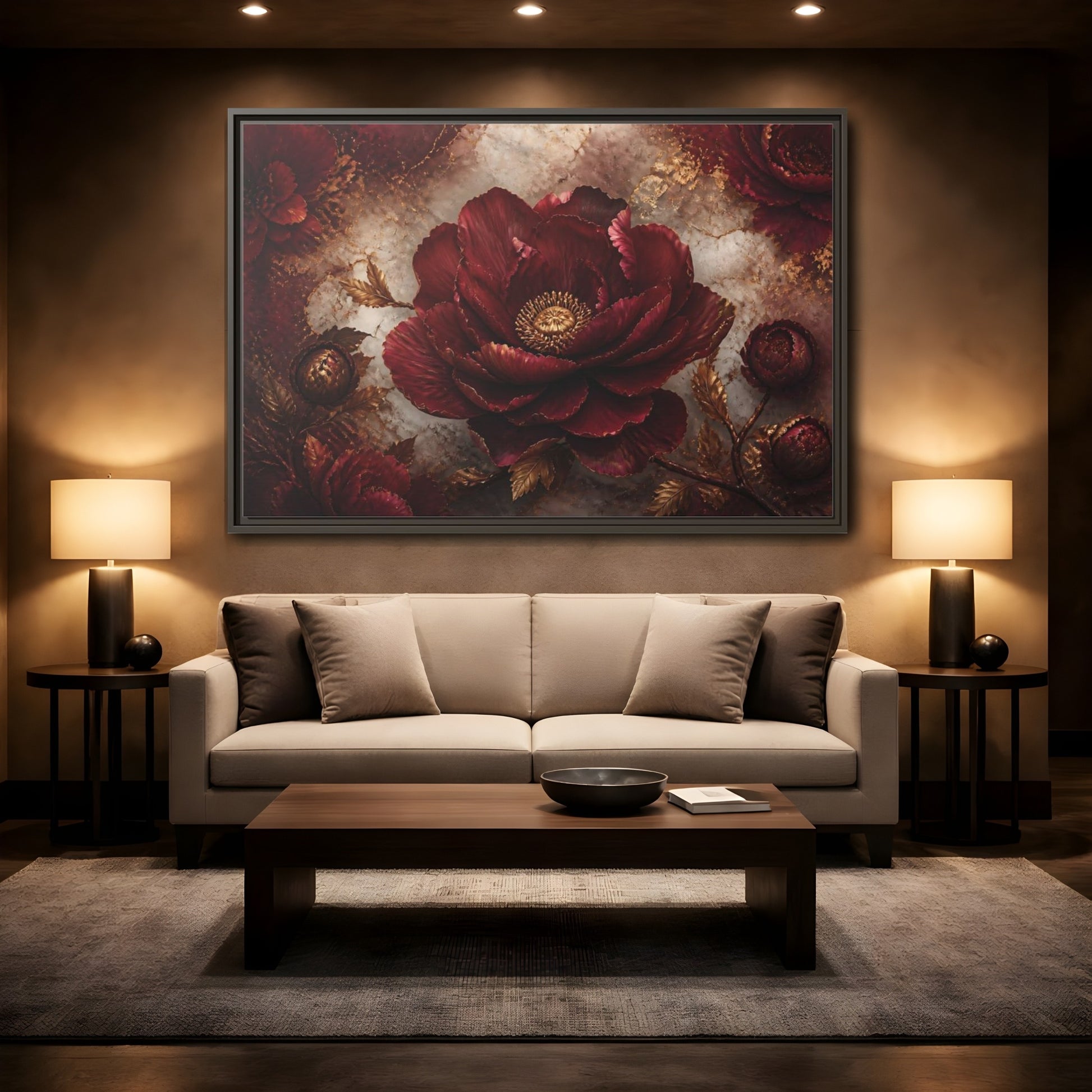 Mockup 2. Opulent Burgundy Peony shown as framed canvas print