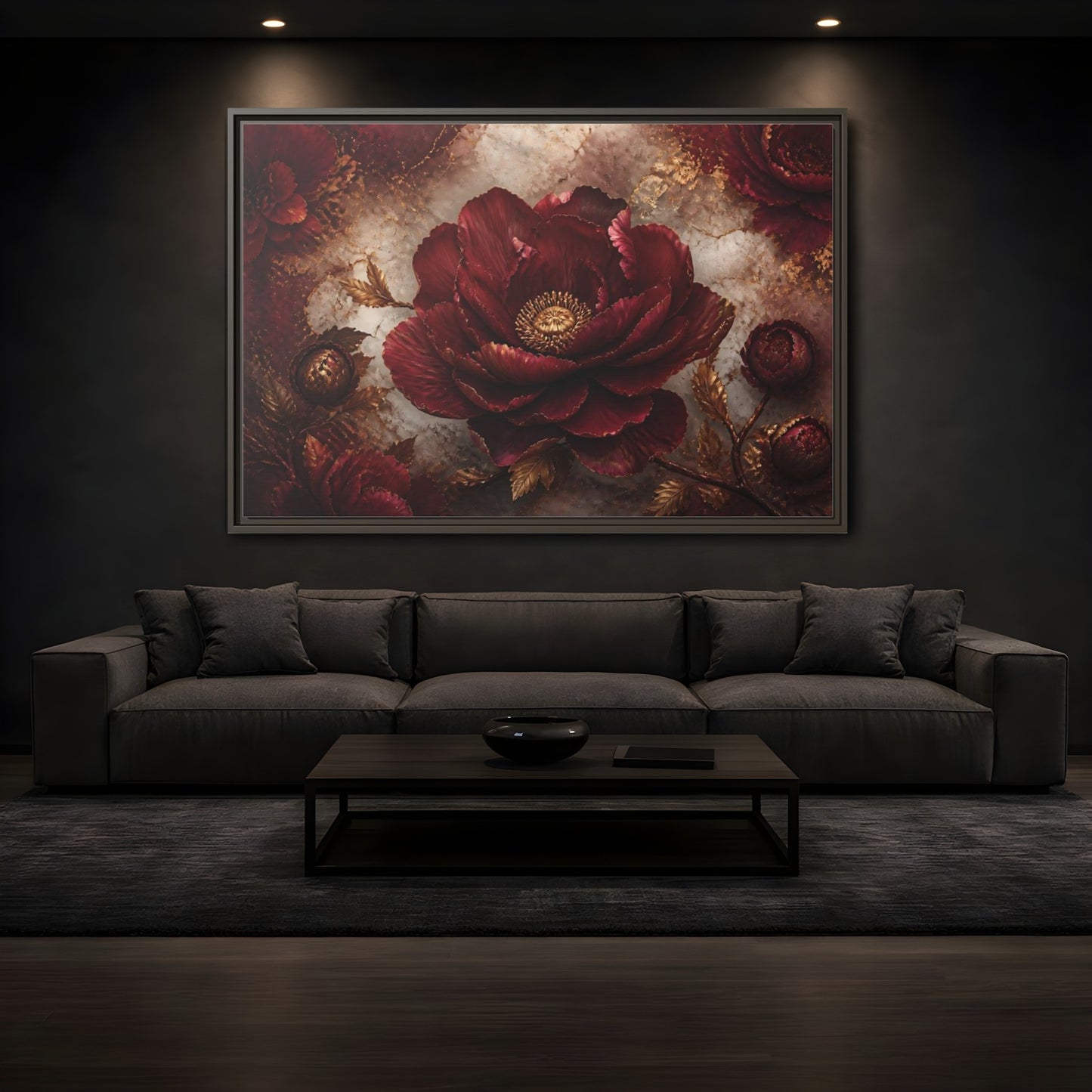 Mockup 3. Opulent Burgundy Peony shown as framed canvas print