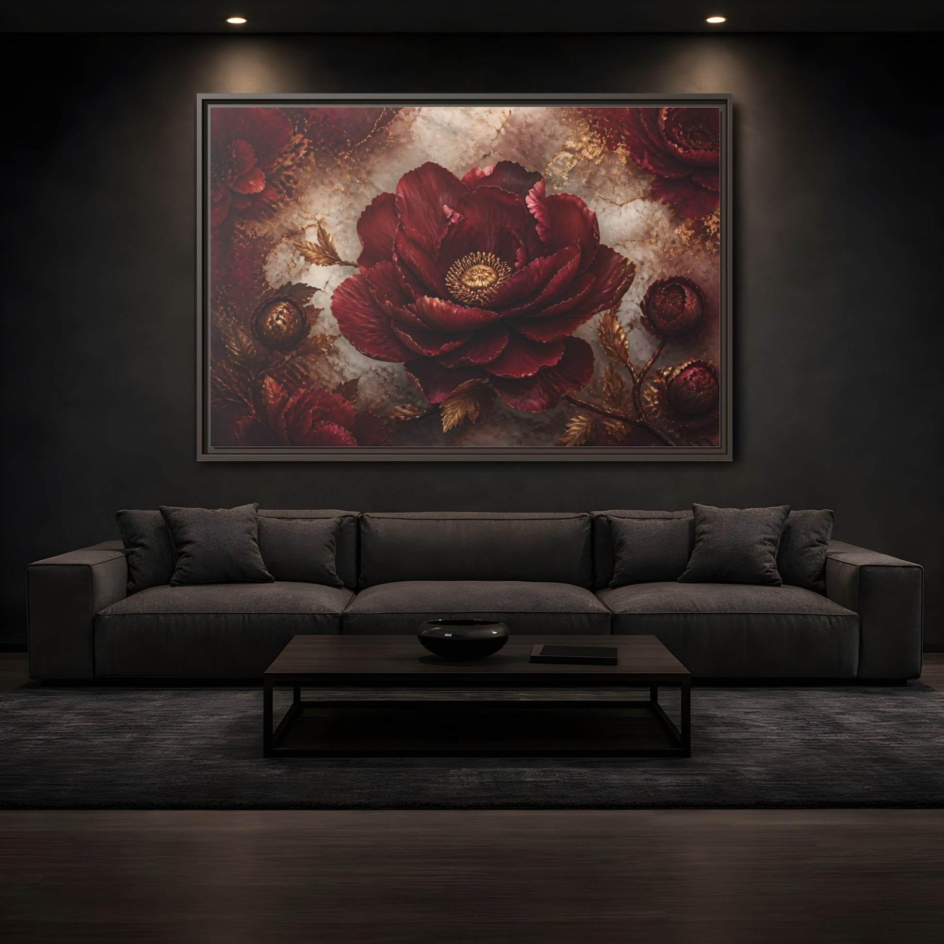 Mockup 3. Opulent Burgundy Peony shown as framed canvas print