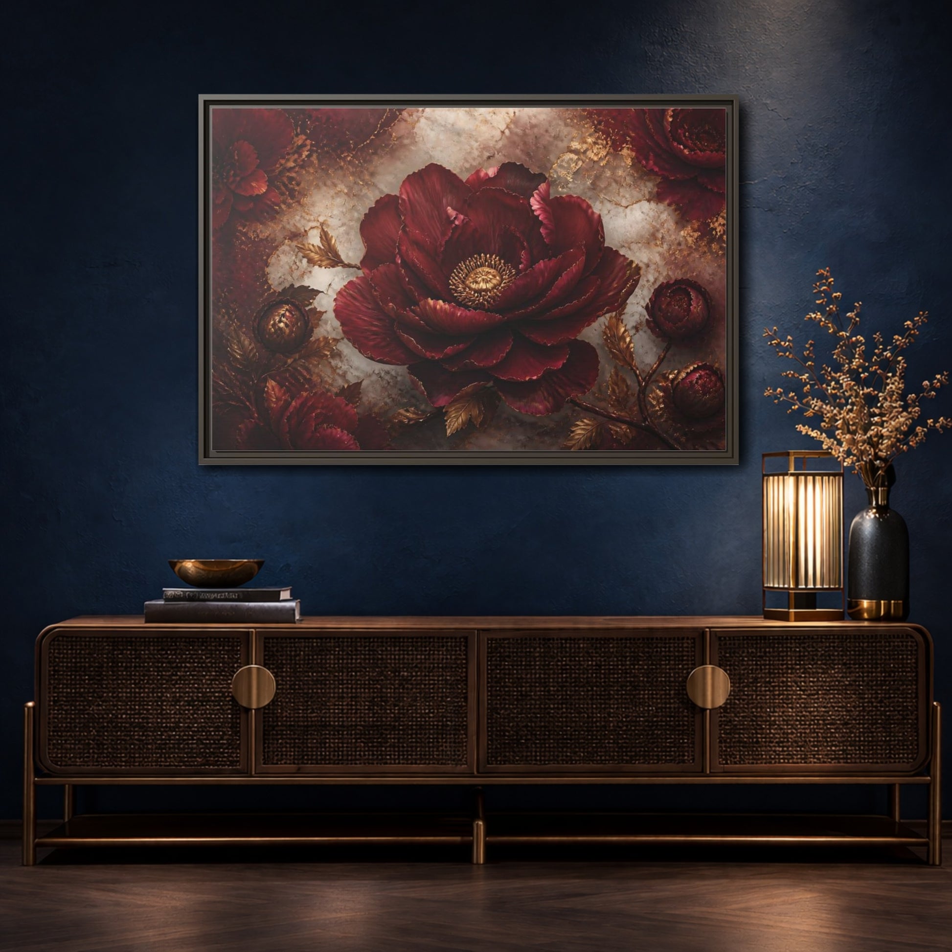 Mockup 4. Opulent Burgundy Peony shown as framed canvas print