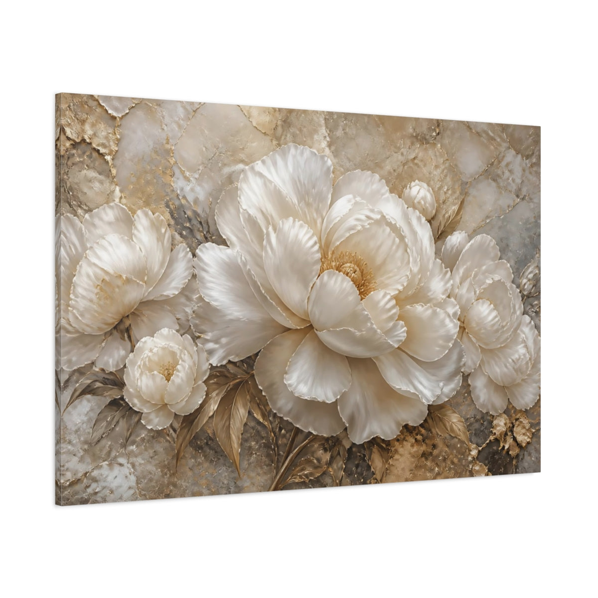 Side Mockup 1. Opulent White Peonies shown as canvas print