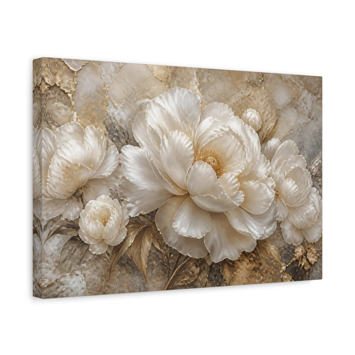 Side Mockup 4. Opulent White Peonies shown as canvas print