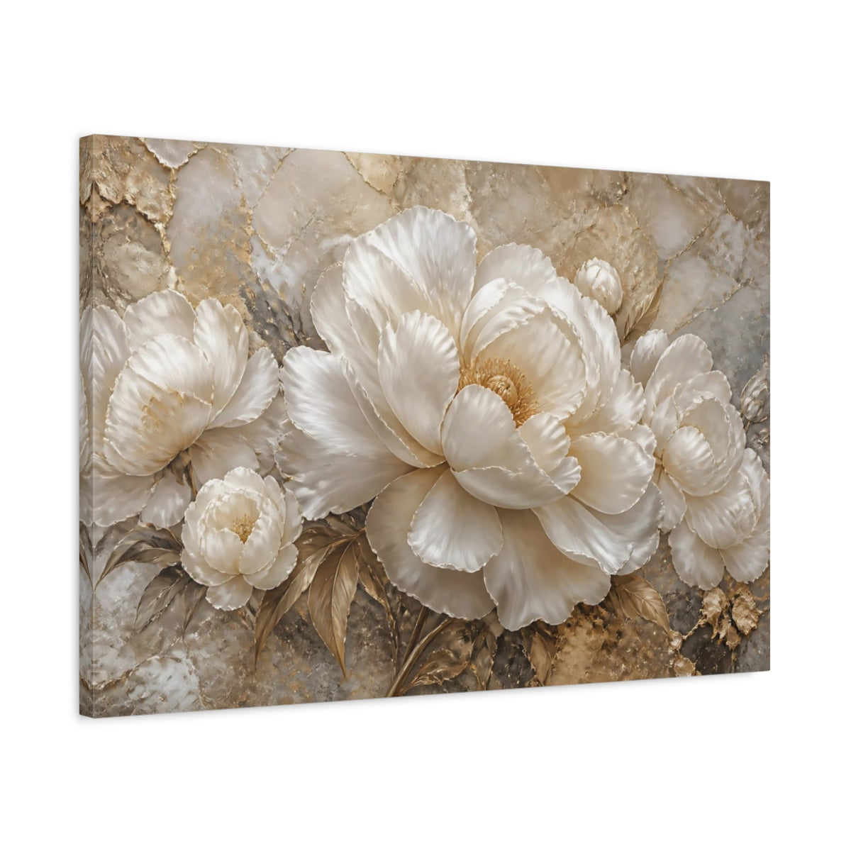 Side Mockup 2. Opulent White Peonies shown as canvas print