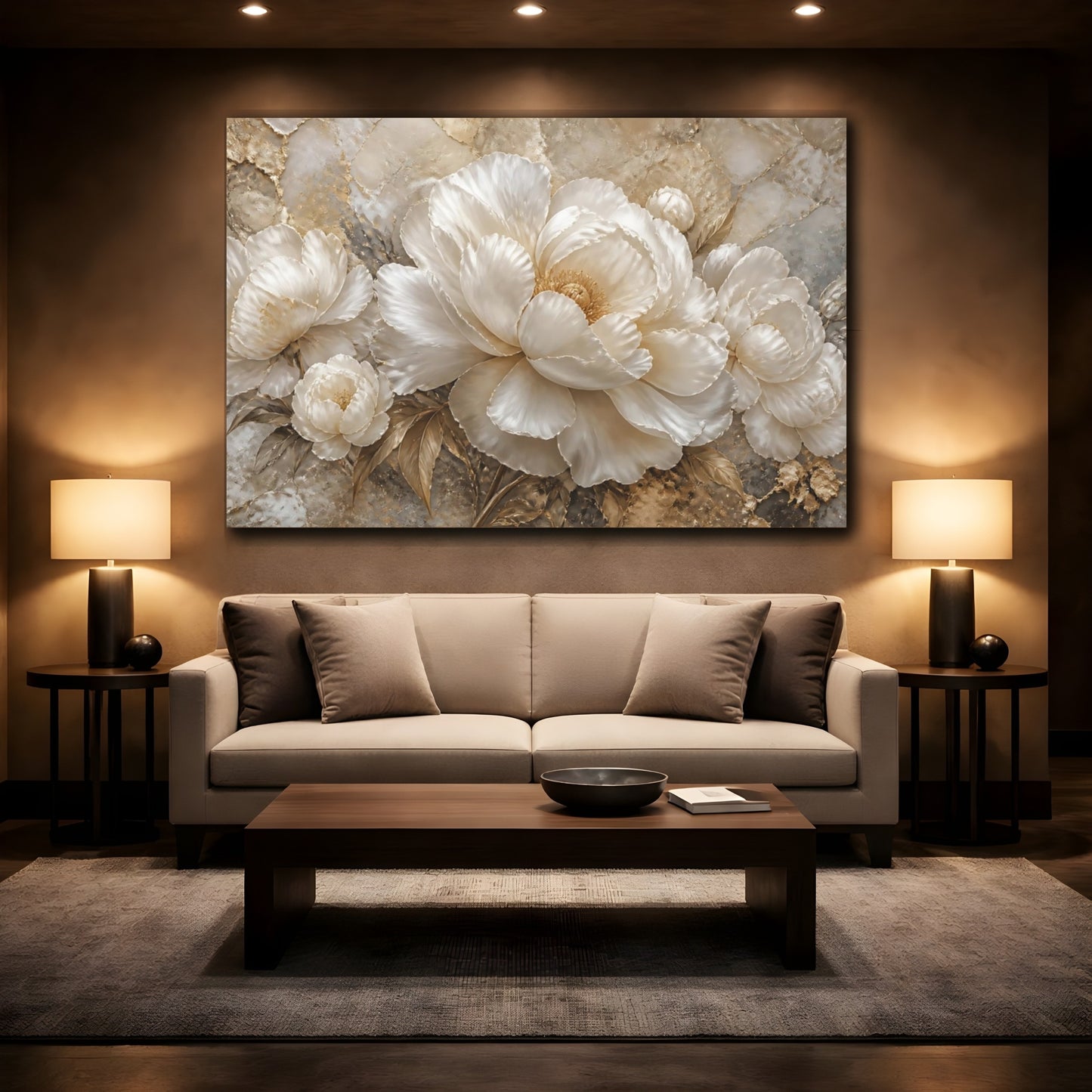 Mockup 2. Opulent White Peonies shown as canvas print