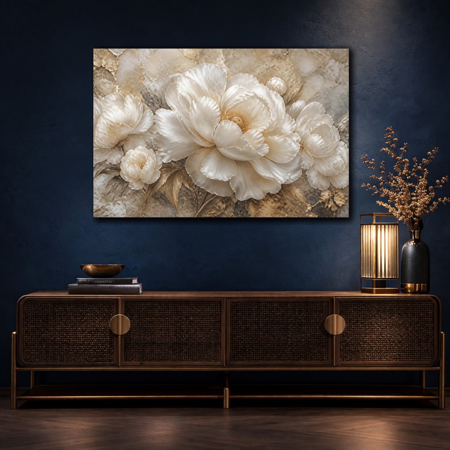Mockup 4. Opulent White Peonies shown as canvas print