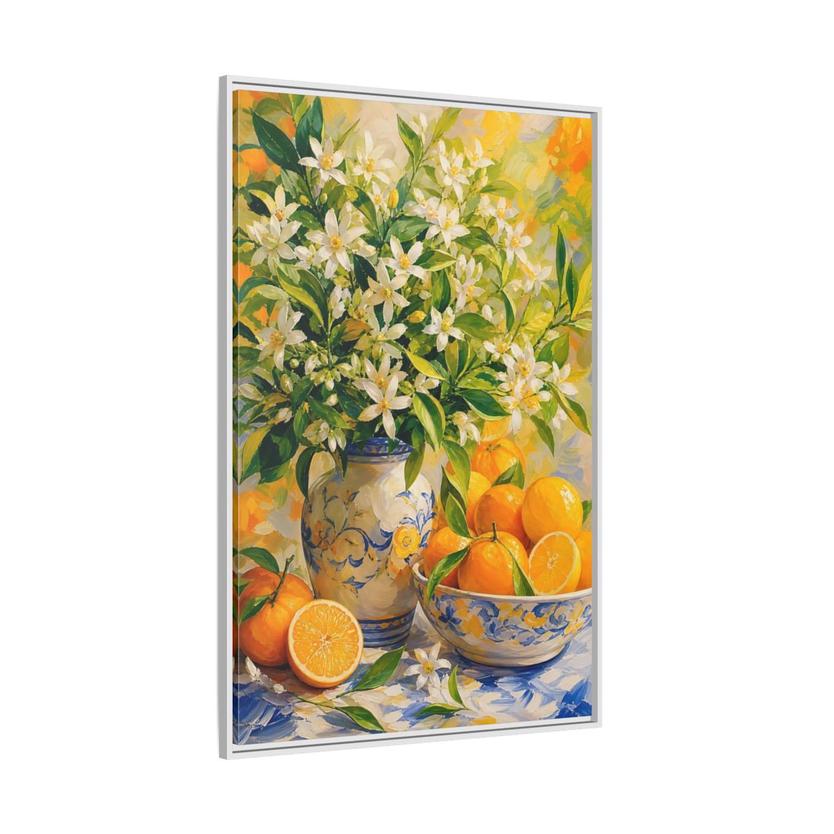 Side Mockup 7. Orange Blossom Still Life shown as framed canvas print