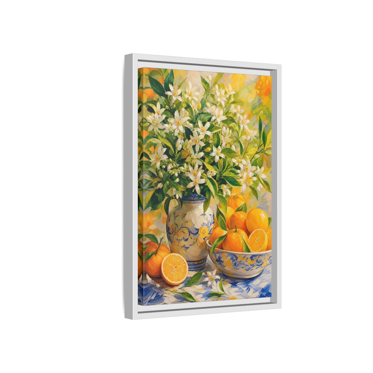 Side Mockup 4. Orange Blossom Still Life shown as framed canvas print