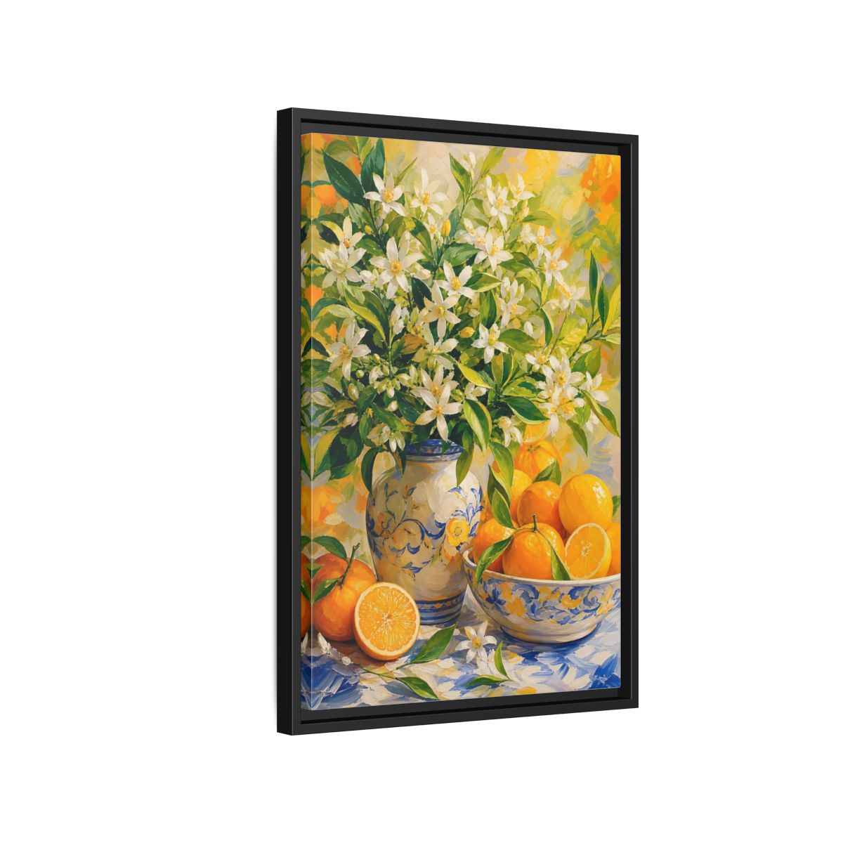 Side Mockup 3. Orange Blossom Still Life shown as framed canvas print