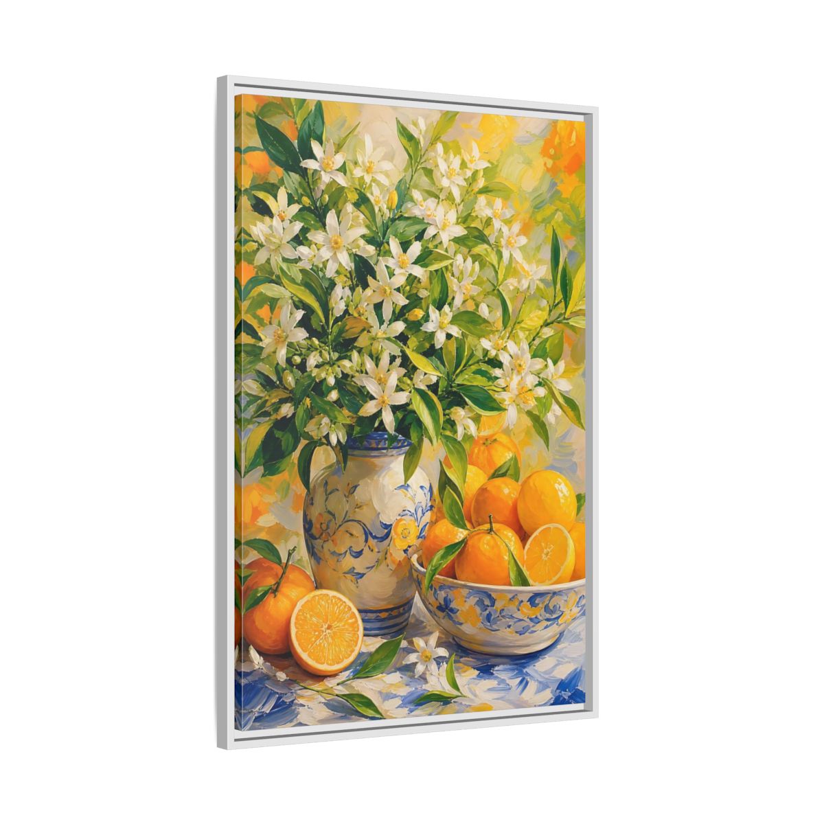 Side Mockup 9. Orange Blossom Still Life shown as framed canvas print