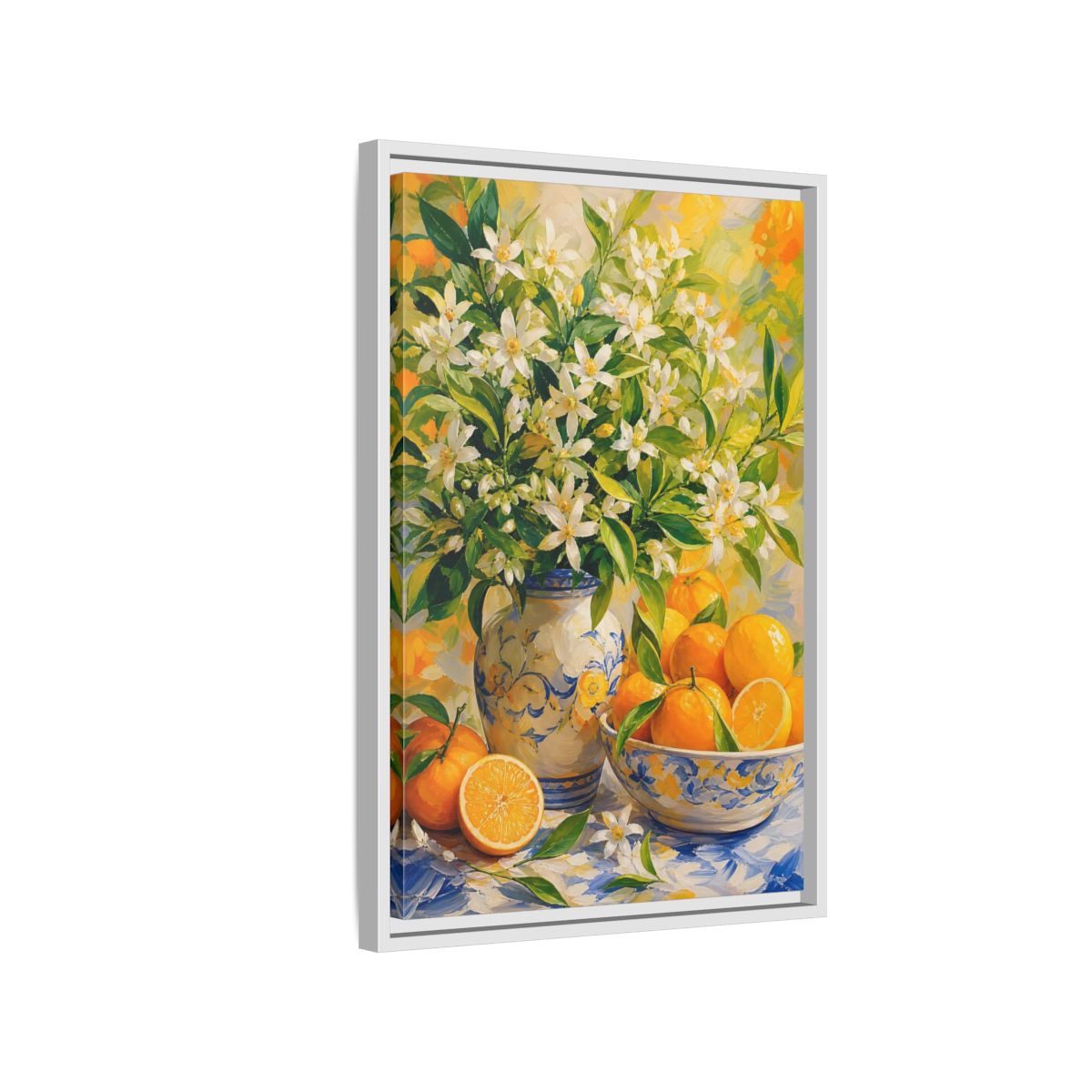 Side Mockup 1. Orange Blossom Still Life shown as framed canvas print
