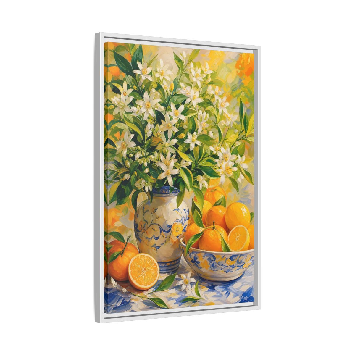 Side Mockup 10. Orange Blossom Still Life shown as framed canvas print