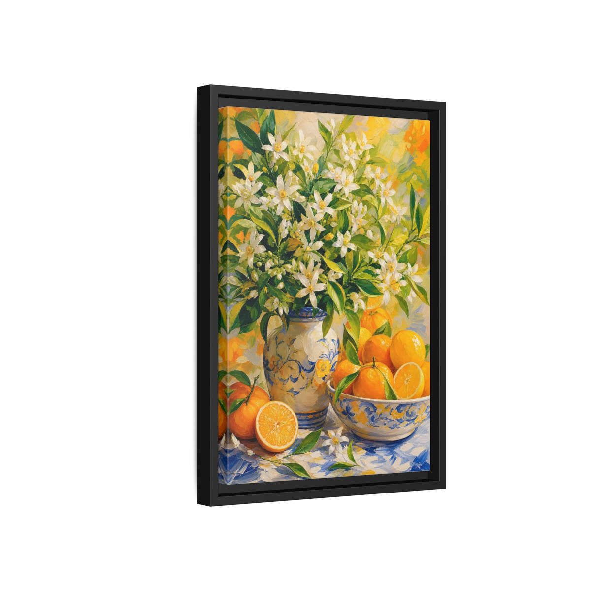 Side Mockup 6. Orange Blossom Still Life shown as framed canvas print
