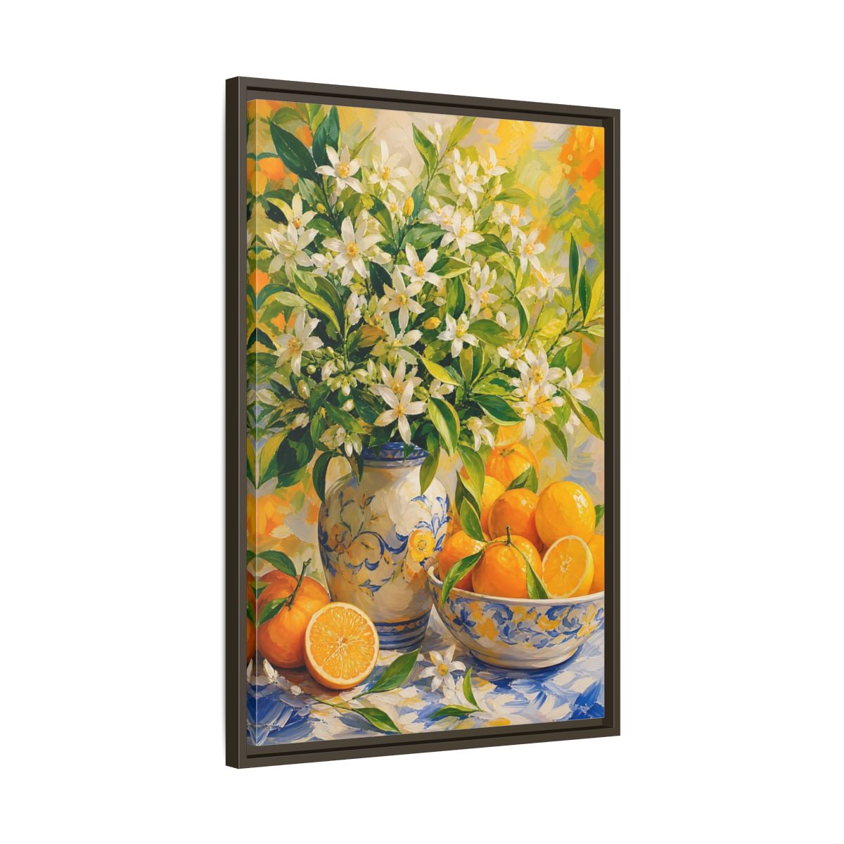 Side Mockup 11. Orange Blossom Still Life shown as framed canvas print
