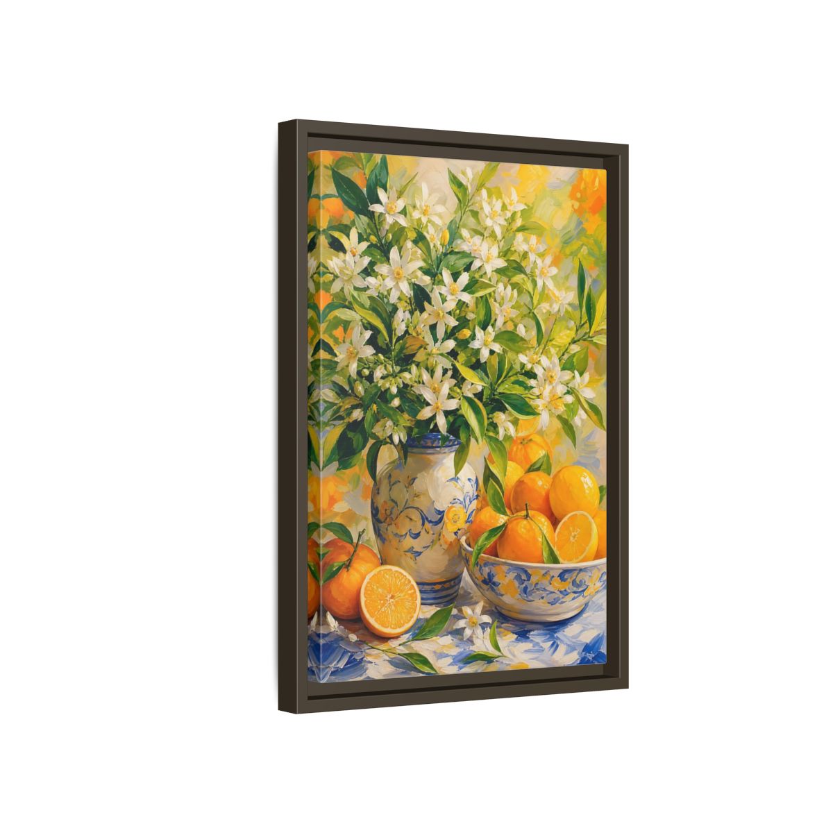 Side Mockup 5. Orange Blossom Still Life shown as framed canvas print