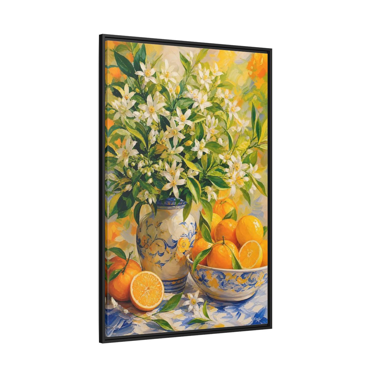 Side Mockup 12. Orange Blossom Still Life shown as framed canvas print