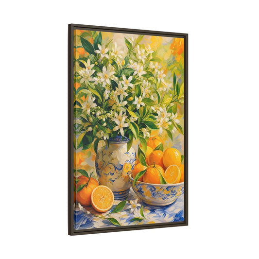 Main Mockup. Orange Blossom Still Life shown as framed canvas print
