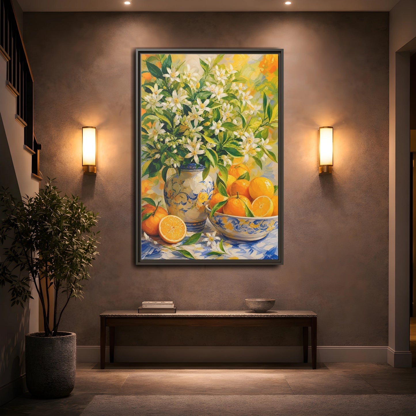 Mockup 2. Orange Blossom Still Life shown as framed canvas print