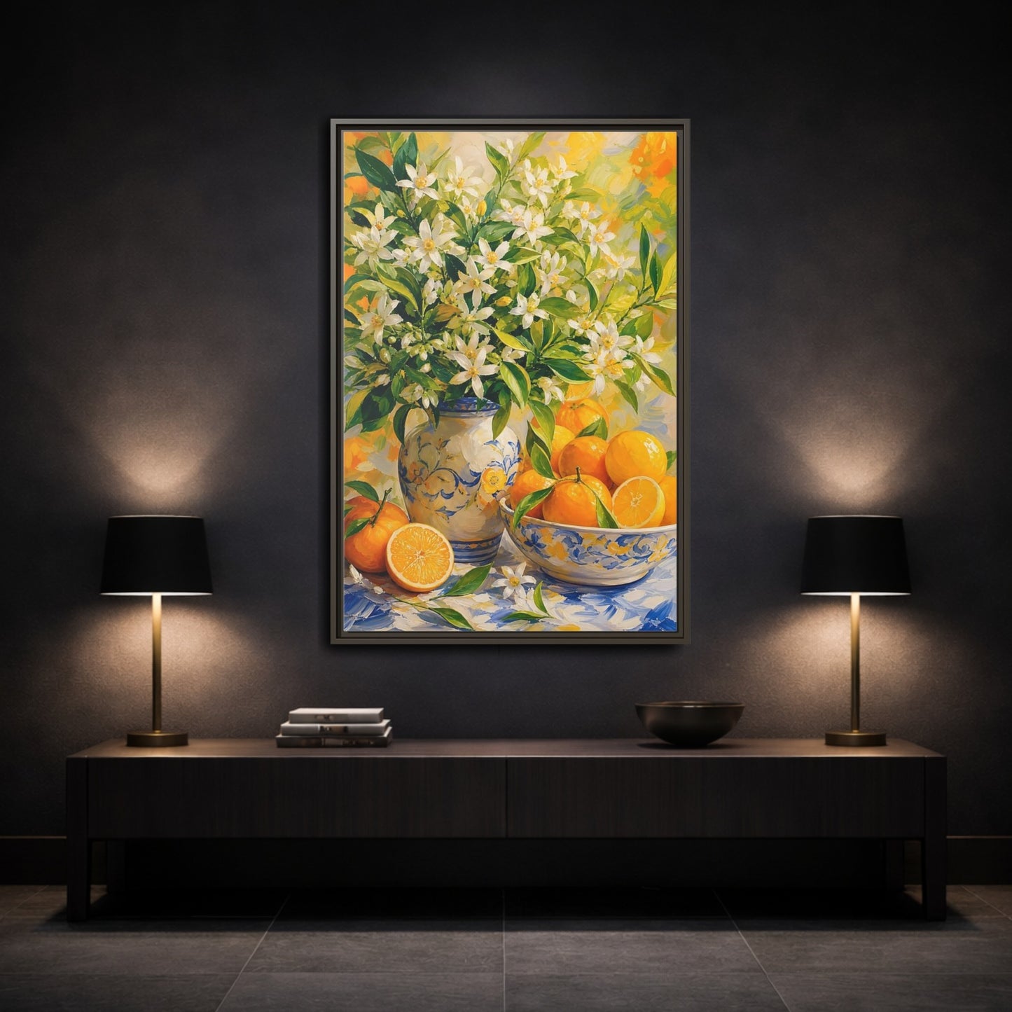 Mockup 3. Orange Blossom Still Life shown as framed canvas print